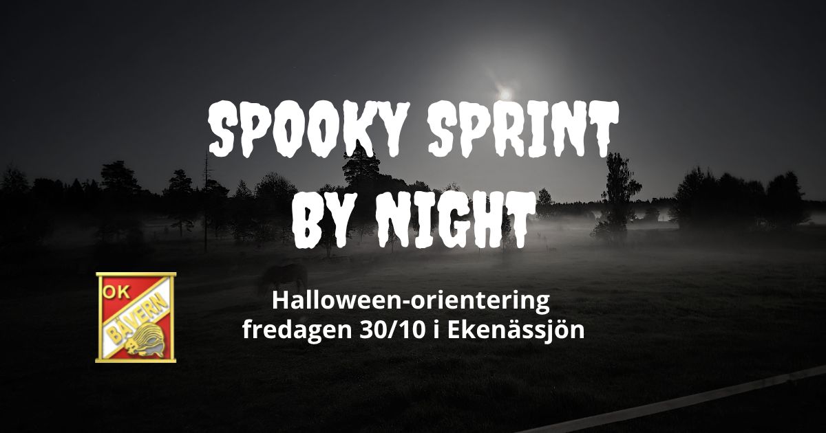 Landskap i månsken med texten Spooky Sprint by NIght, Halloween-orientering fredagen 30/10 i Ekenässjön.